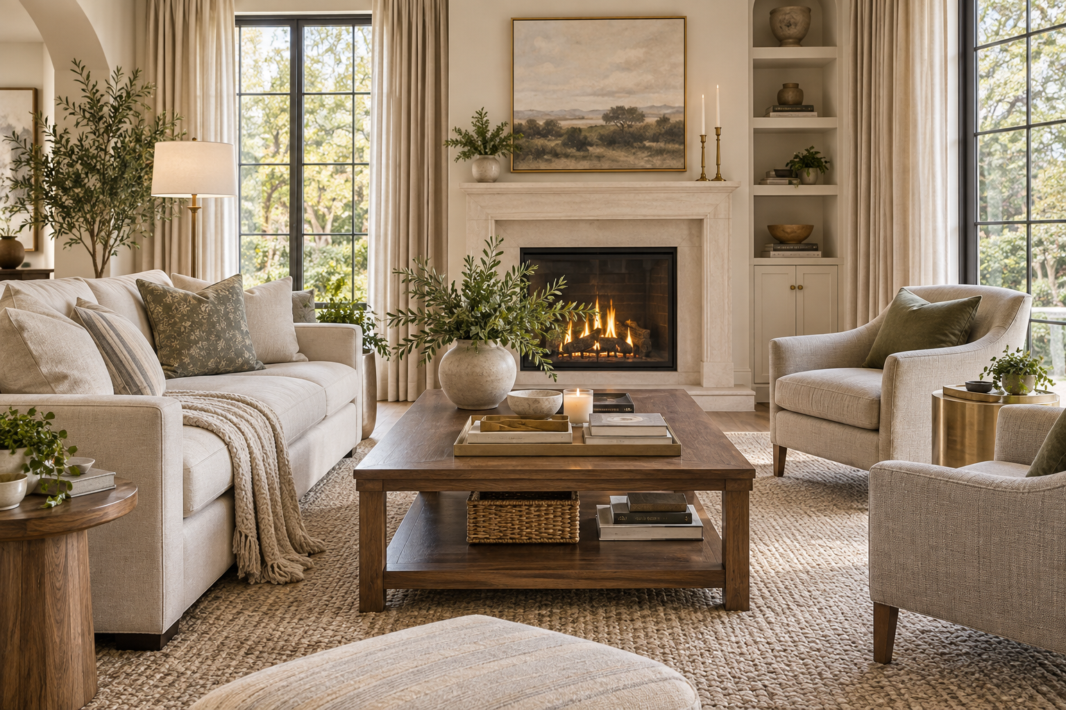 AI-generated illustration of an elegant living room with an ivory sofa, upholstered chairs, a wood coffee table, tall windows, and a fireplace
